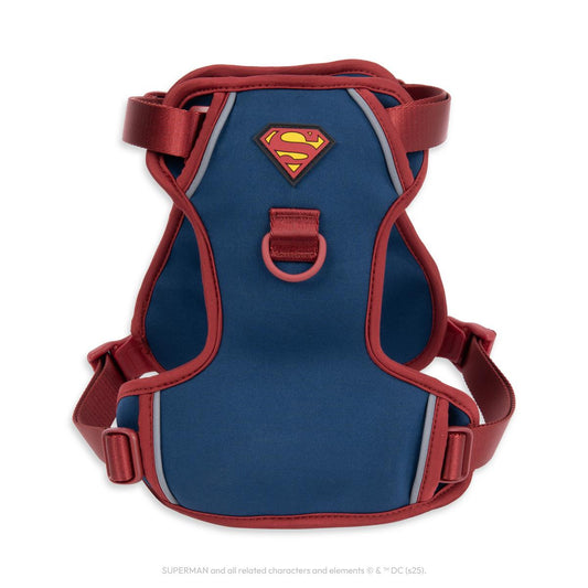 WonderFold Superman pet harness in blue and red with logo patch