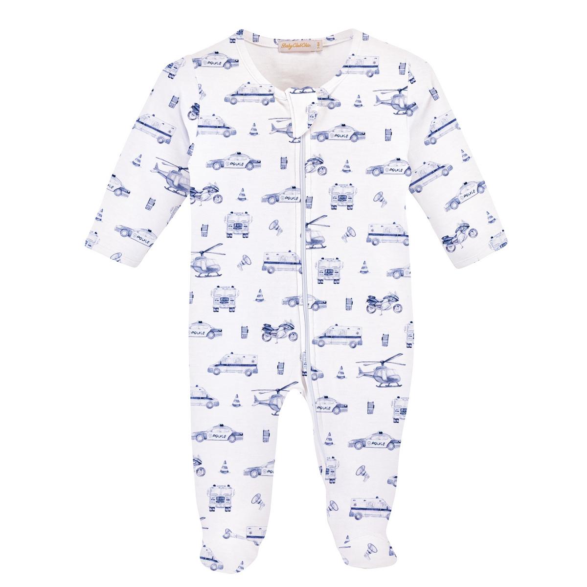 Baby Club Chic white footed sleeper with blue police vehicle and helicopter print