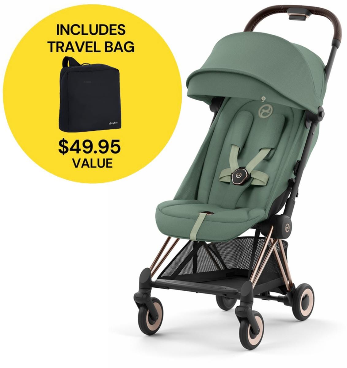 Cybex COYA Compact Stroller + Travel Bag Bundle - Rose Gold / Leaf Green - 522004293-521001489-B