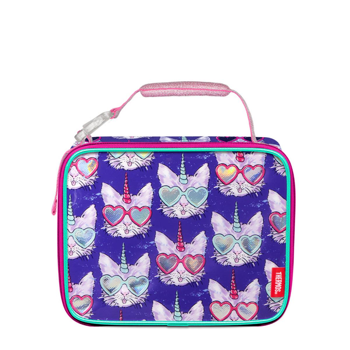 Thermos lunch bag with purple cat unicorn pattern and heart shaped glasses