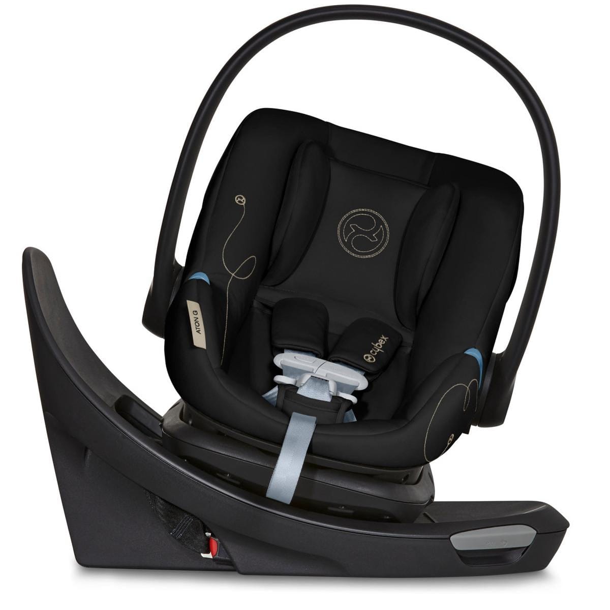 Moon black rotating infant car seat by Cybex with swivel base, SensorSafe technology, and gold stitching details, side view