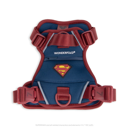 WonderFold blue and red Superman dog harness with chest D-ring