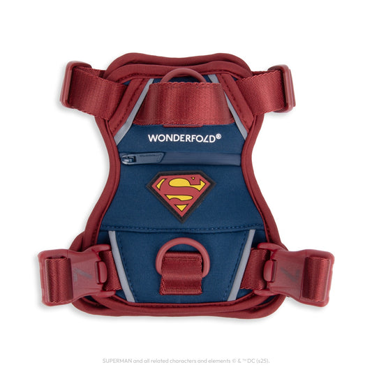 WonderFold Superman pet harness in blue and red with a Superman logo patch and adjustable straps