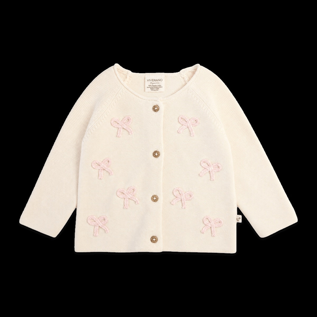Viverano Organics Zoe Bow Sweater Knit Baby Button Cardigan (Organic Cotton) - Natural, 6-12M
