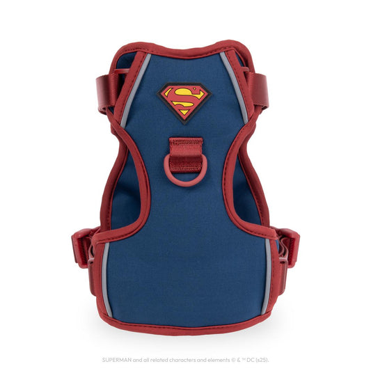 WonderFold Superman pet harness in blue and red with chest logo