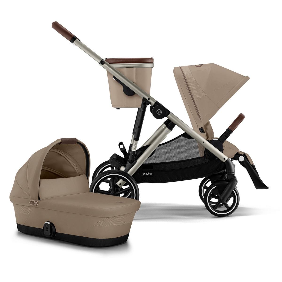Cybex Gazelle S 2 Single-to-Double Stroller + Cot Bundle - Taupe Frame / Almond Beige