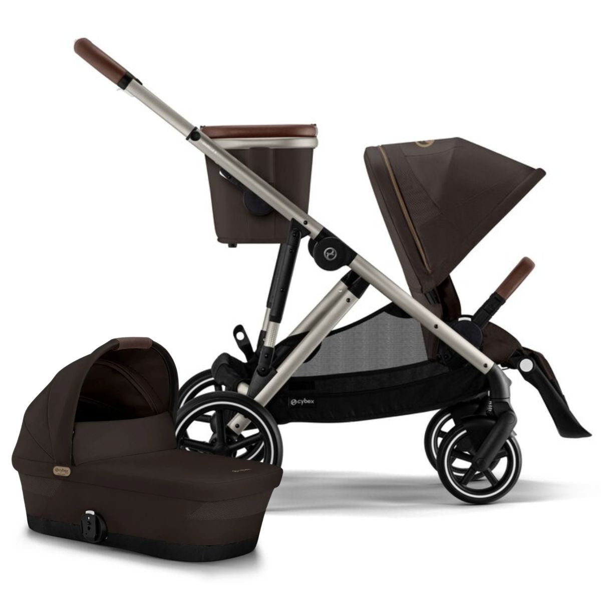 Cybex Gazelle S 2 Single-to-Double Stroller + Cot Bundle - Taupe Frame / Chocolate Brown