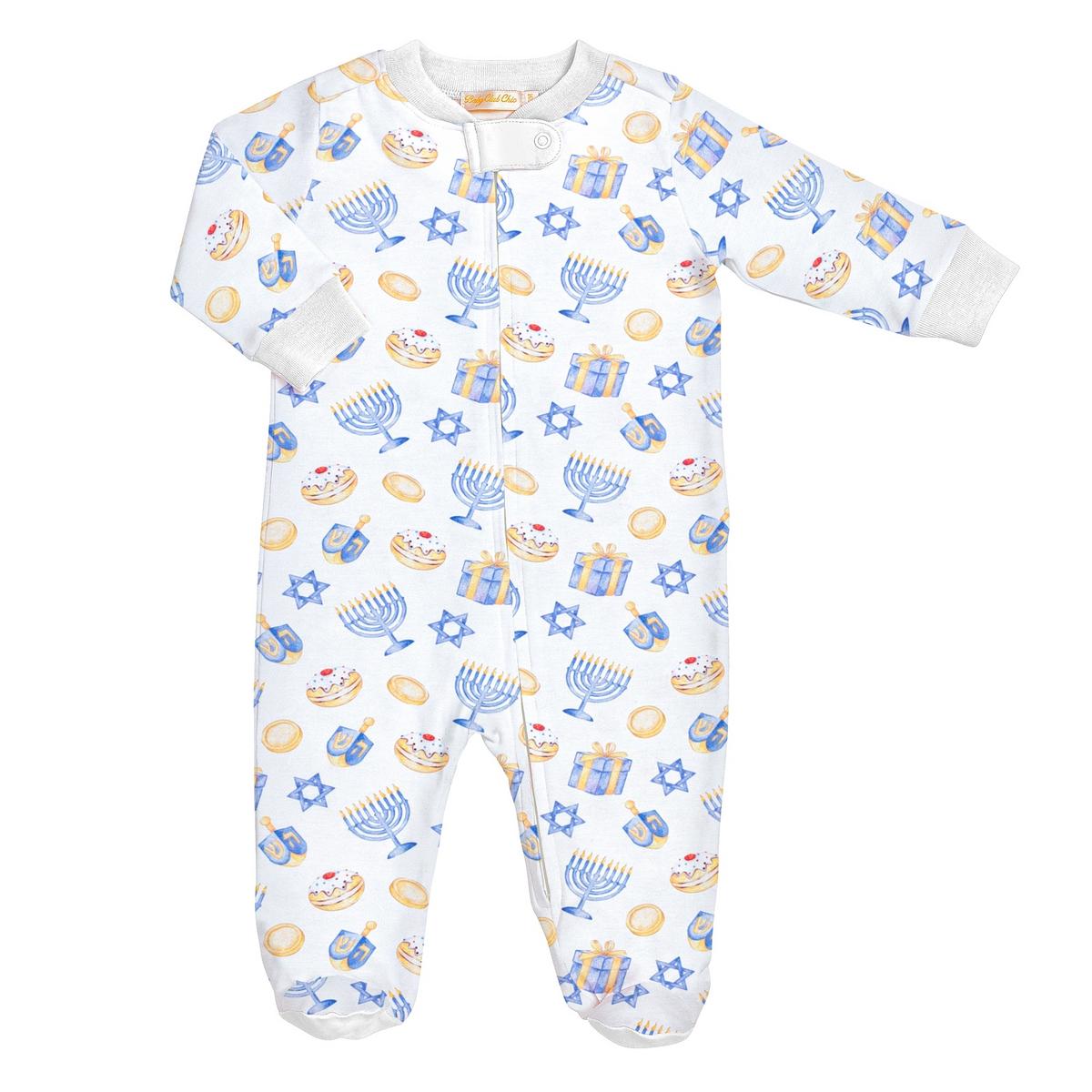 Baby Club Chic white footed sleeper with blue and gold Hanukkah print of menorahs dreidels and stars