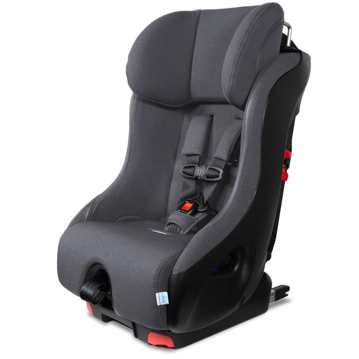 Gray fabric convertible car seat by Clek, featuring black plastic shell, red accents, and anti-rebound bar, shown in three-quarter front view.