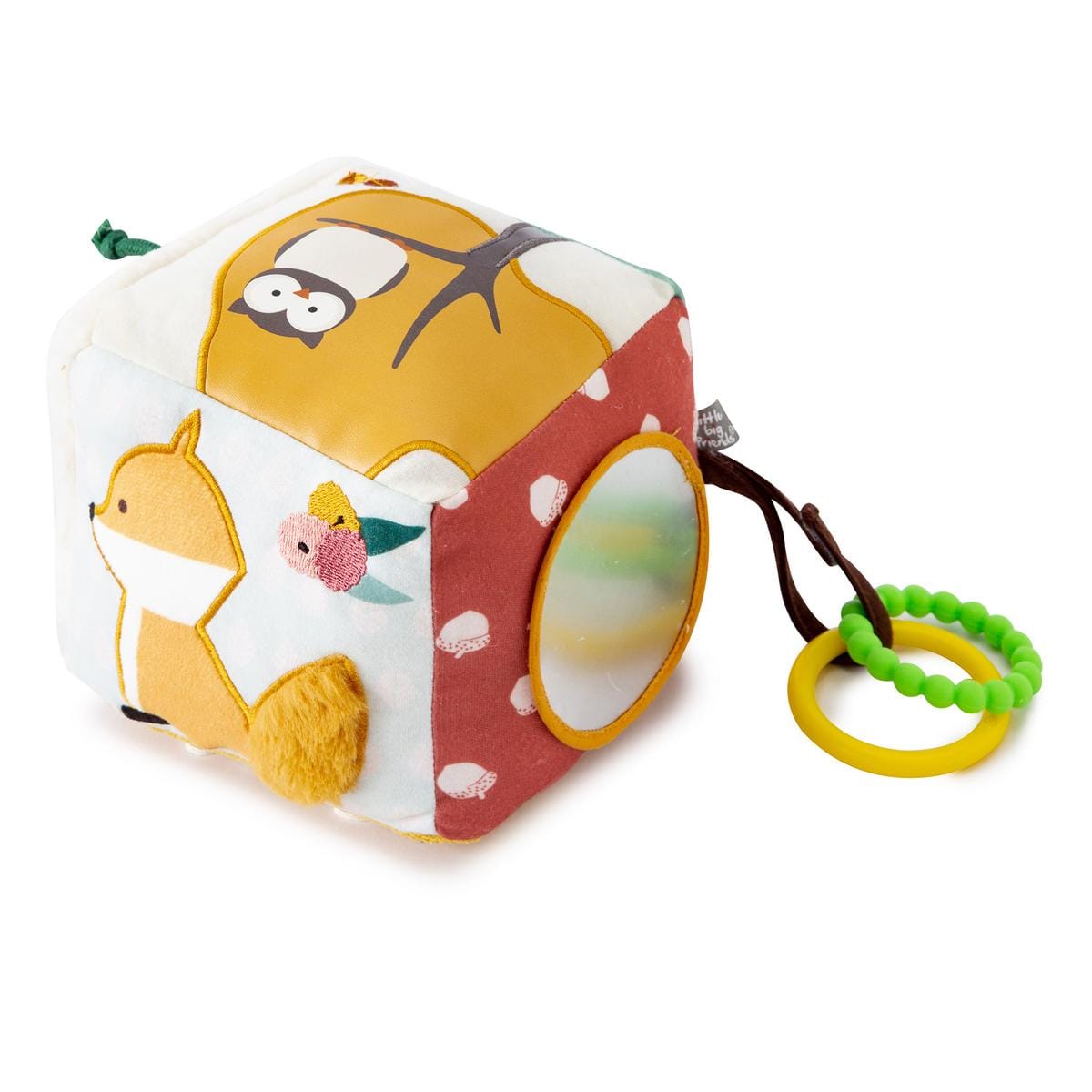 Little Big Friends soft activity cube with fox and owl illustrations and attached green teething rings