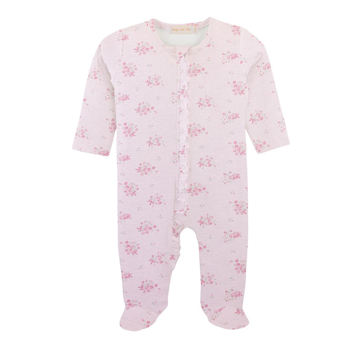 Baby Club Chic pink floral print footed sleeper with ruffle trim