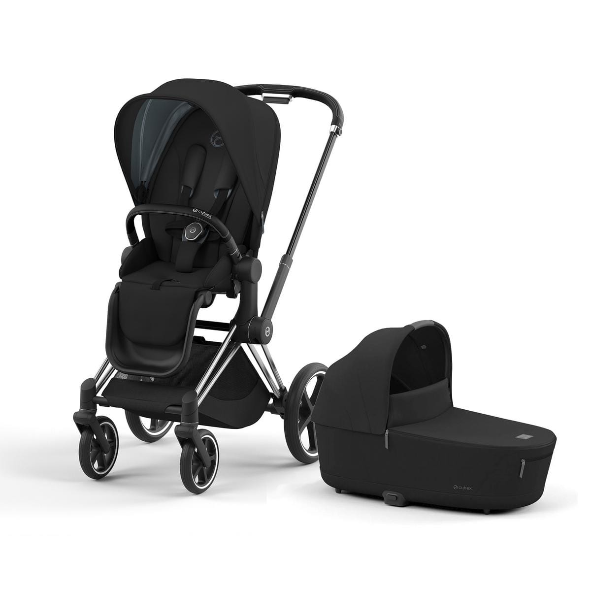 Cybex Priam 4 Stroller + Lux Cot Bundle - Chrome / Black / Deep Black / Sepia Black - 521003961-521003935-523000807