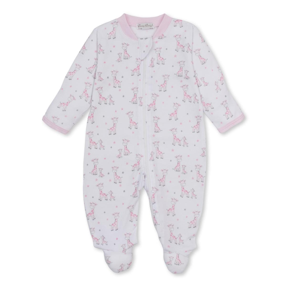 Kissy Kissy white footed sleeper with pink giraffe and star print