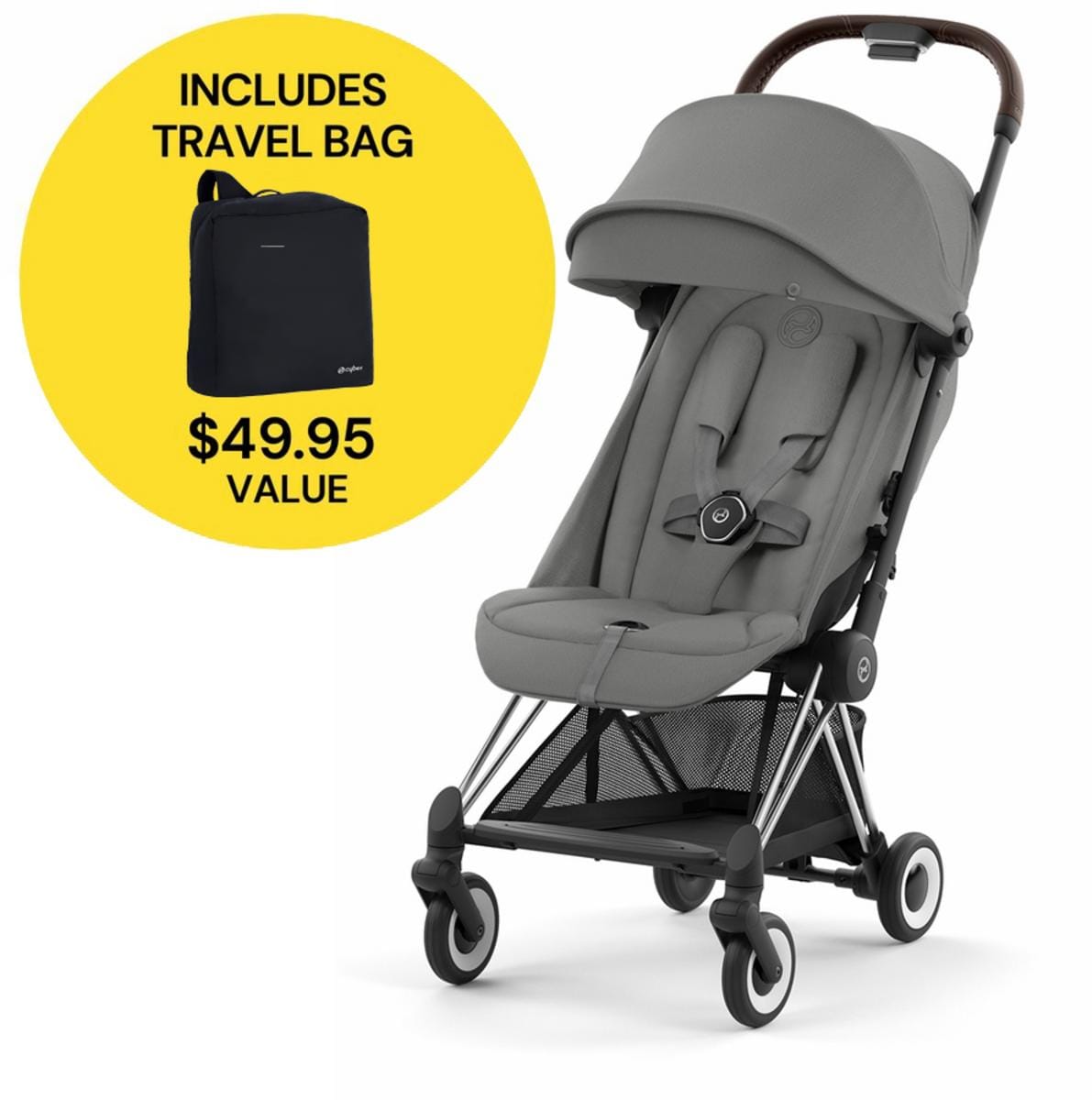 Cybex COYA Compact Stroller + Travel Bag Bundle - Chrome / Dark Brown / Mirage Grey - 522004403-521001489-B