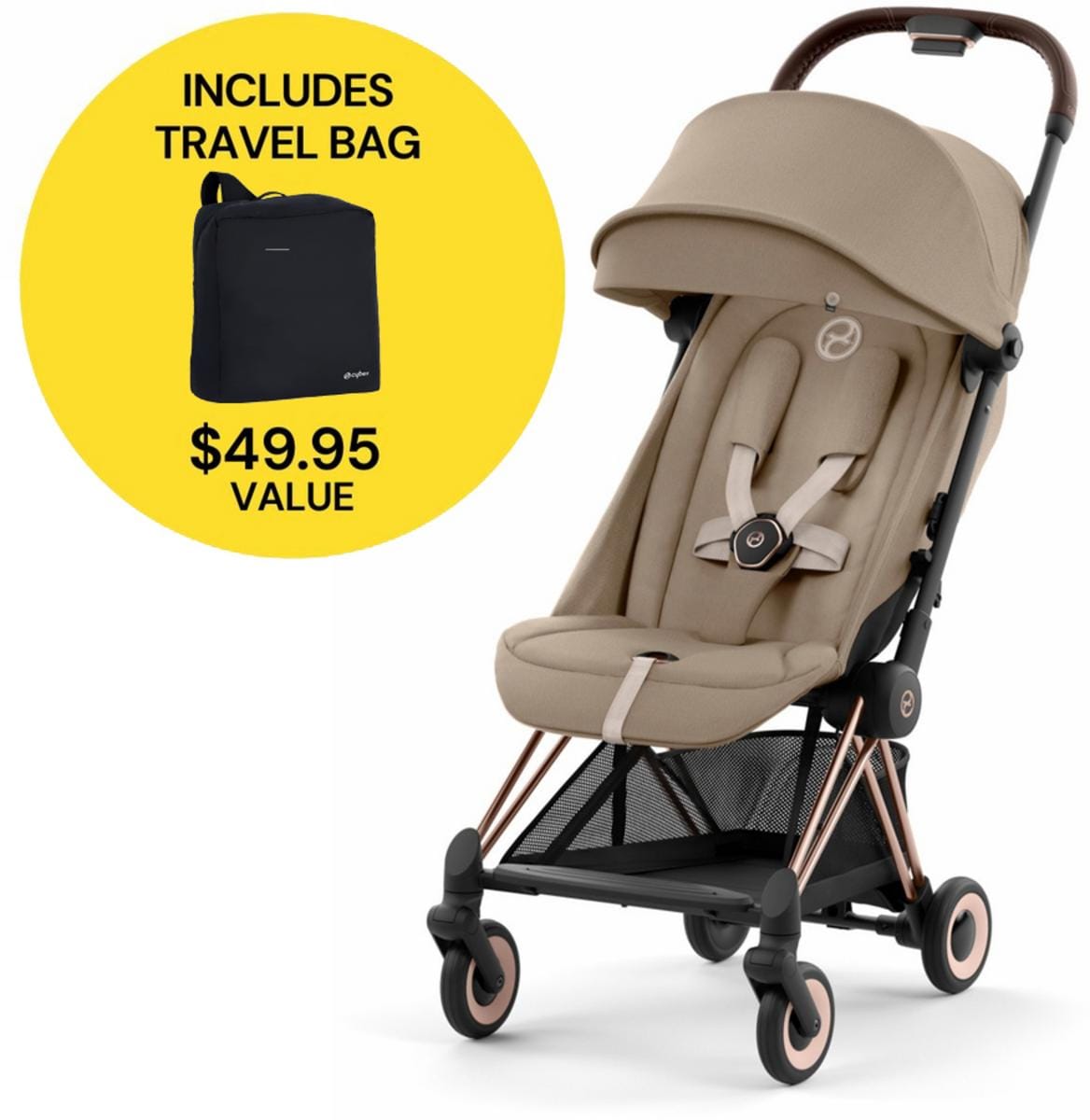 Cybex COYA Compact Stroller + Travel Bag Bundle - Rose Gold / Cozy Beige - 522005195-521001489-B