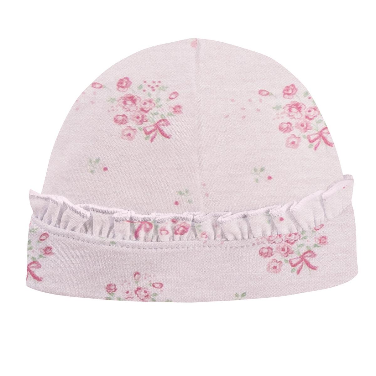 Baby Club Chic light pink baby hat with floral and ribbon print and ruffled brim