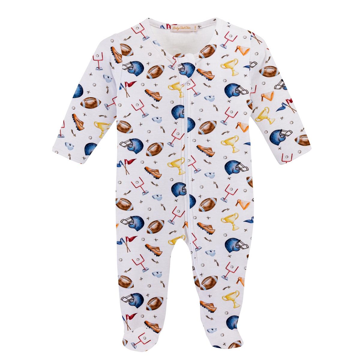 Baby Club Chic white footed sleeper with football themed print including helmets balls and trophies