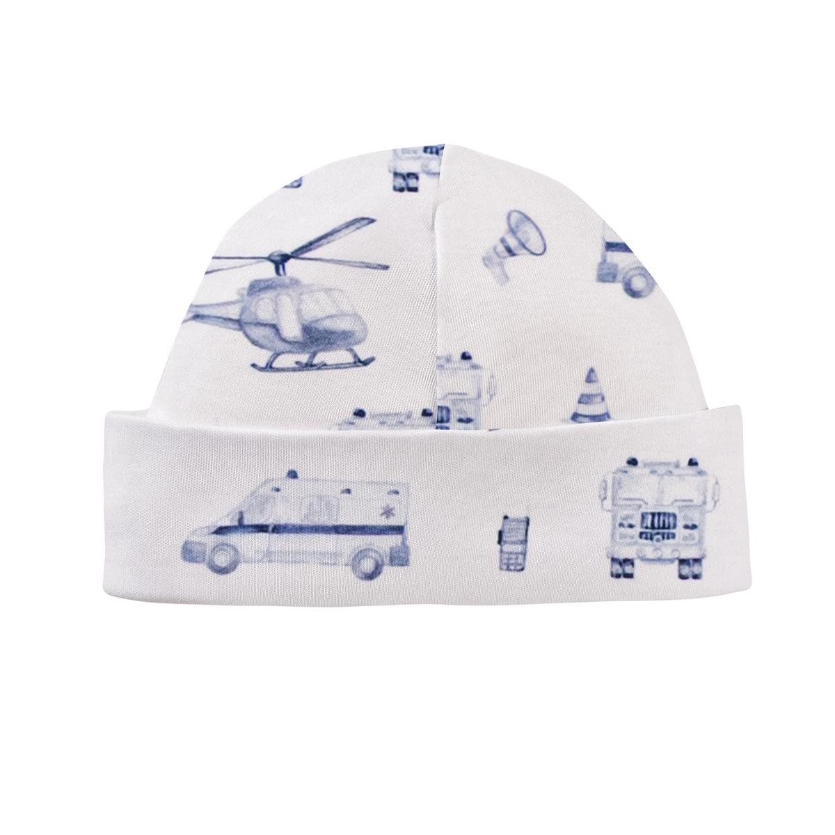 Baby Club Chic white baby hat with blue emergency vehicle pattern