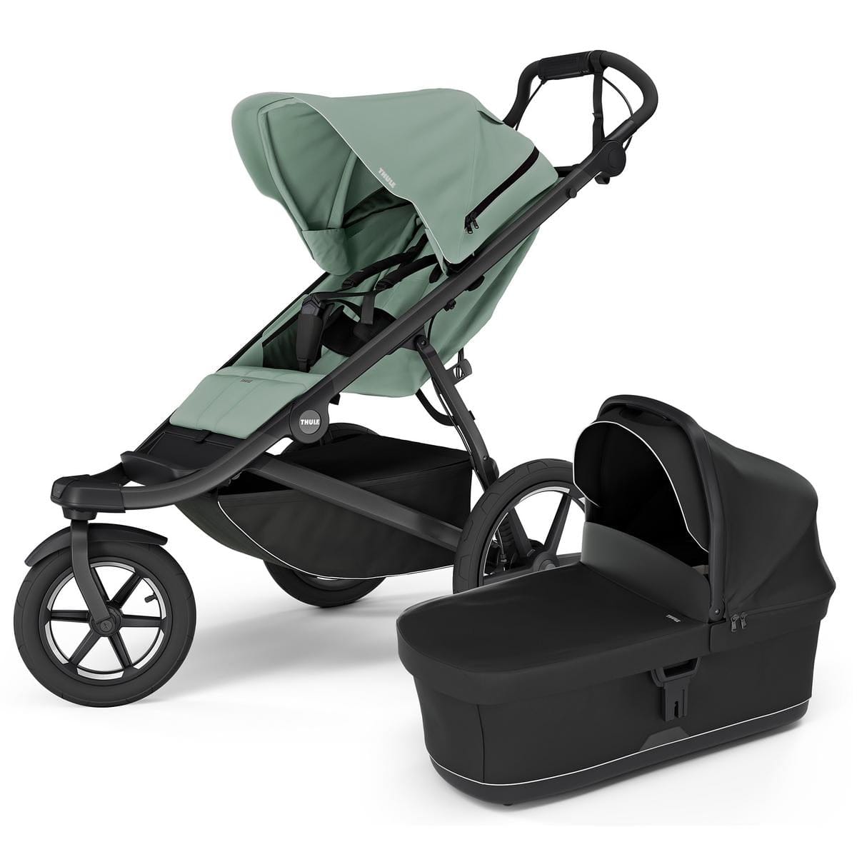 Thule Urban Glide 3 Single Jogging Stroller with NON-Magnetic Buckle + Bassinet Bundle - Mist Green / Black