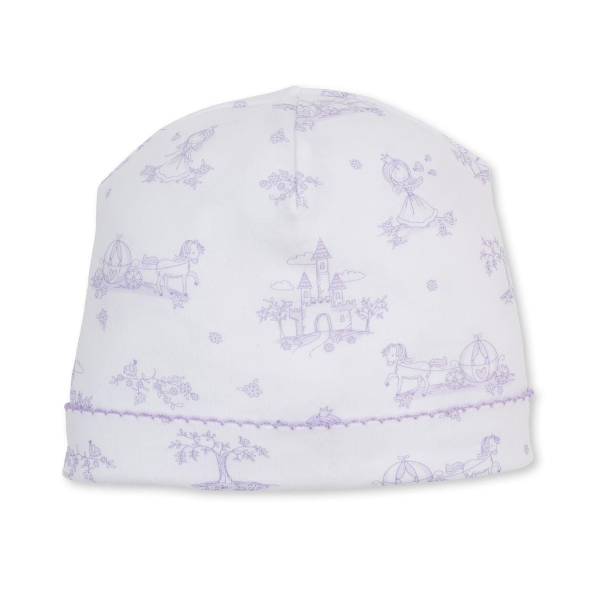 Kissy Kissy white baby hat with purple fairy tale print of castles princesses and carriages