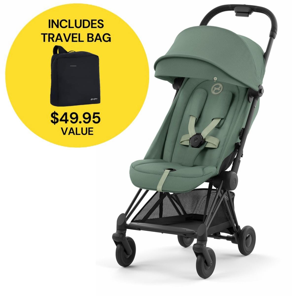 Cybex COYA Compact Stroller + Travel Bag Bundle - Matte Black / Leaf Green - 522004363-521001489