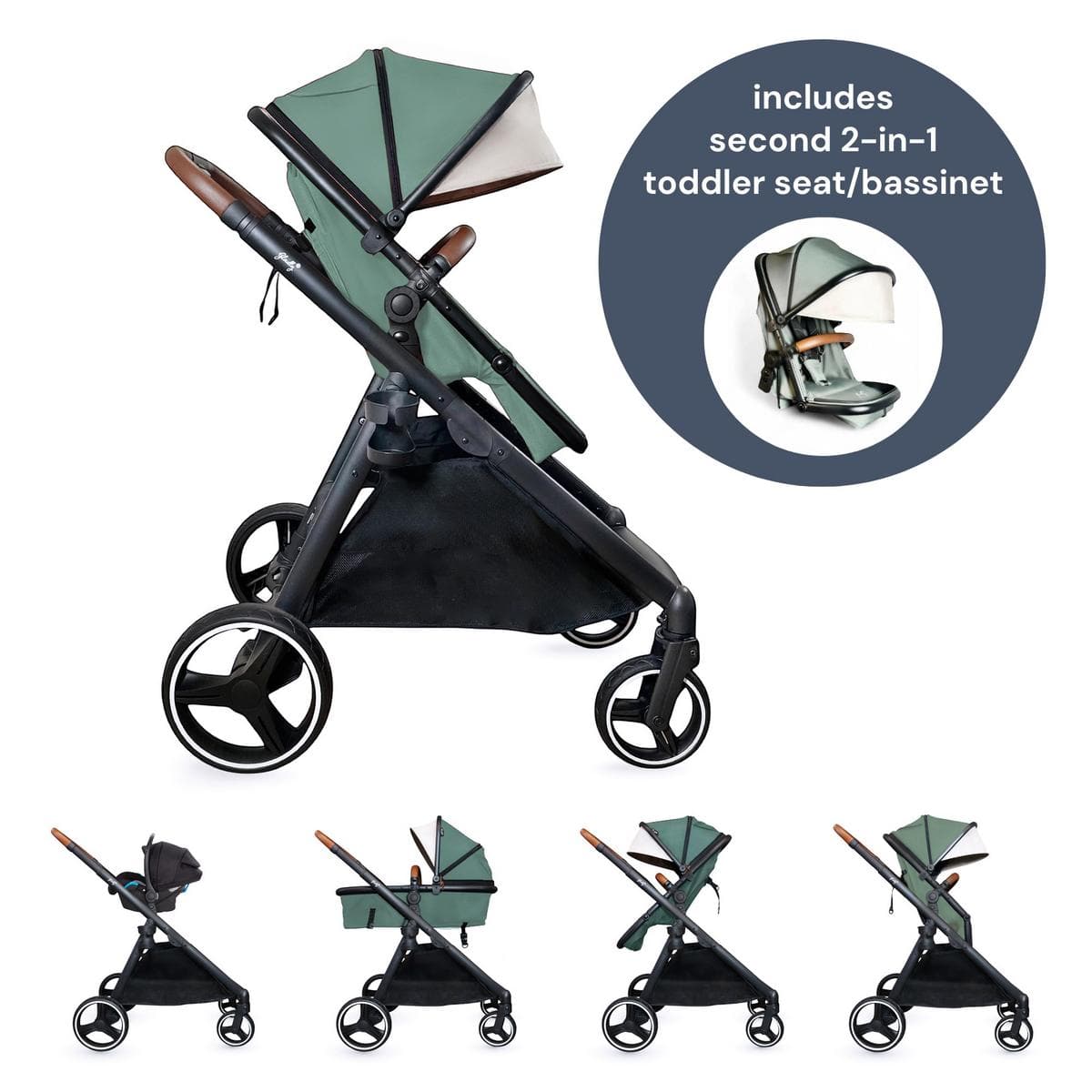 Gladly Family Piper Double Stroller Bundle - Aloe - DBL-PIP-STR-ALO