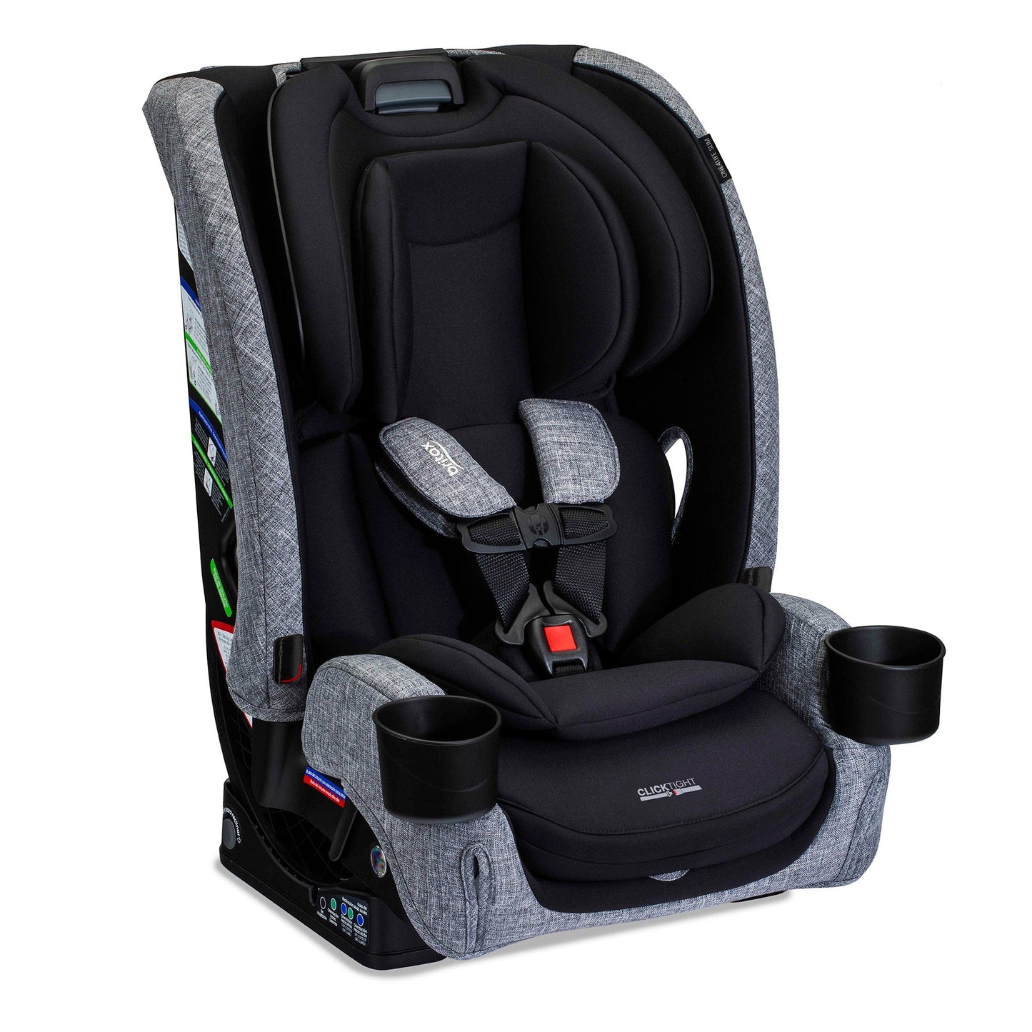 Black and gray textured convertible car seat by Britax, featuring side cup holders and ClickTight harness system, front view.