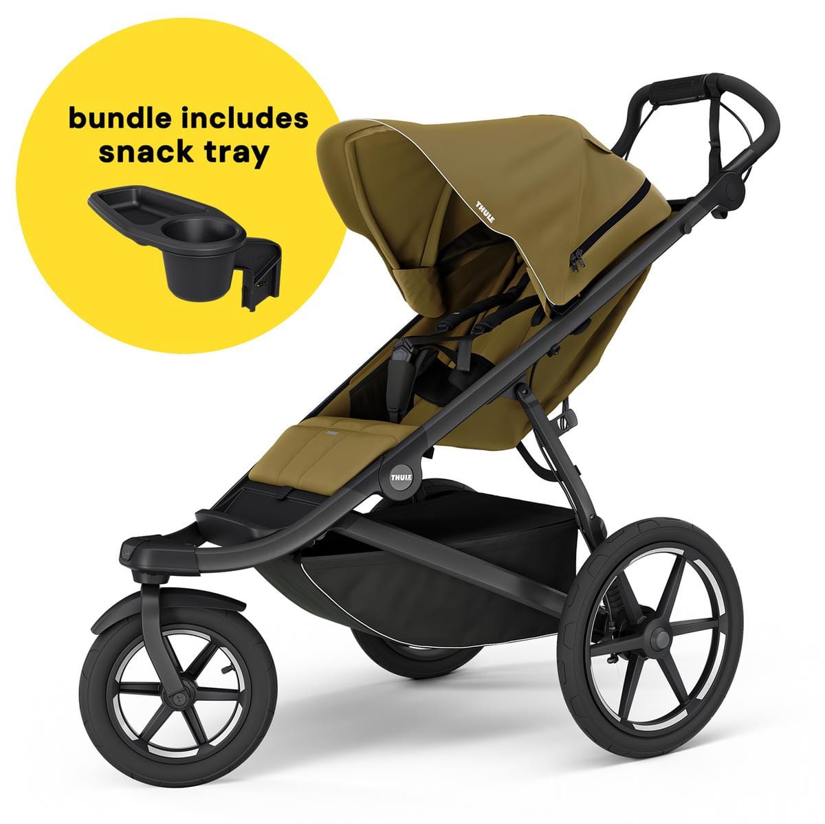 Thule Urban Glide 3 Single Jogging Stroller with NON-Magnetic Buckle + Snack Tray Bundle - Nutria Green - 10101974-20110766