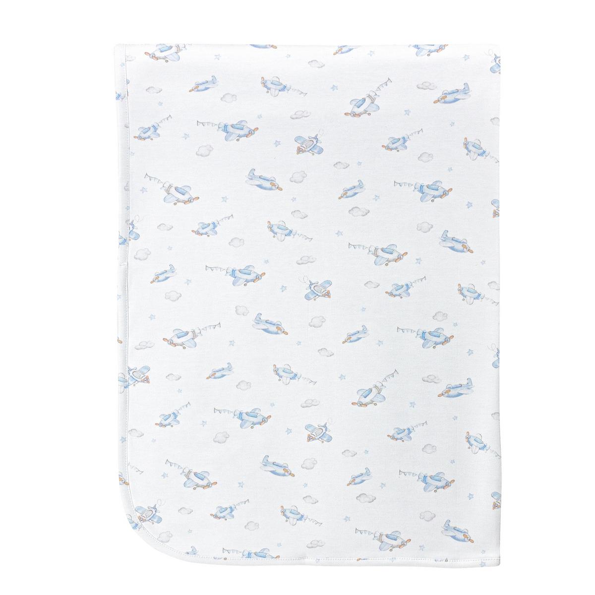 Baby Club Chic white blanket with blue airplane and cloud print