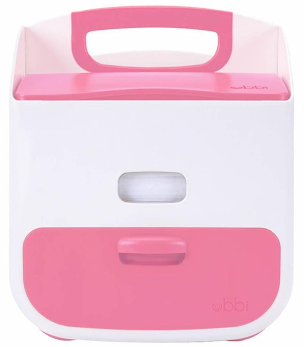 Obbi white and pink plastic diaper caddy with a top handle and drawer