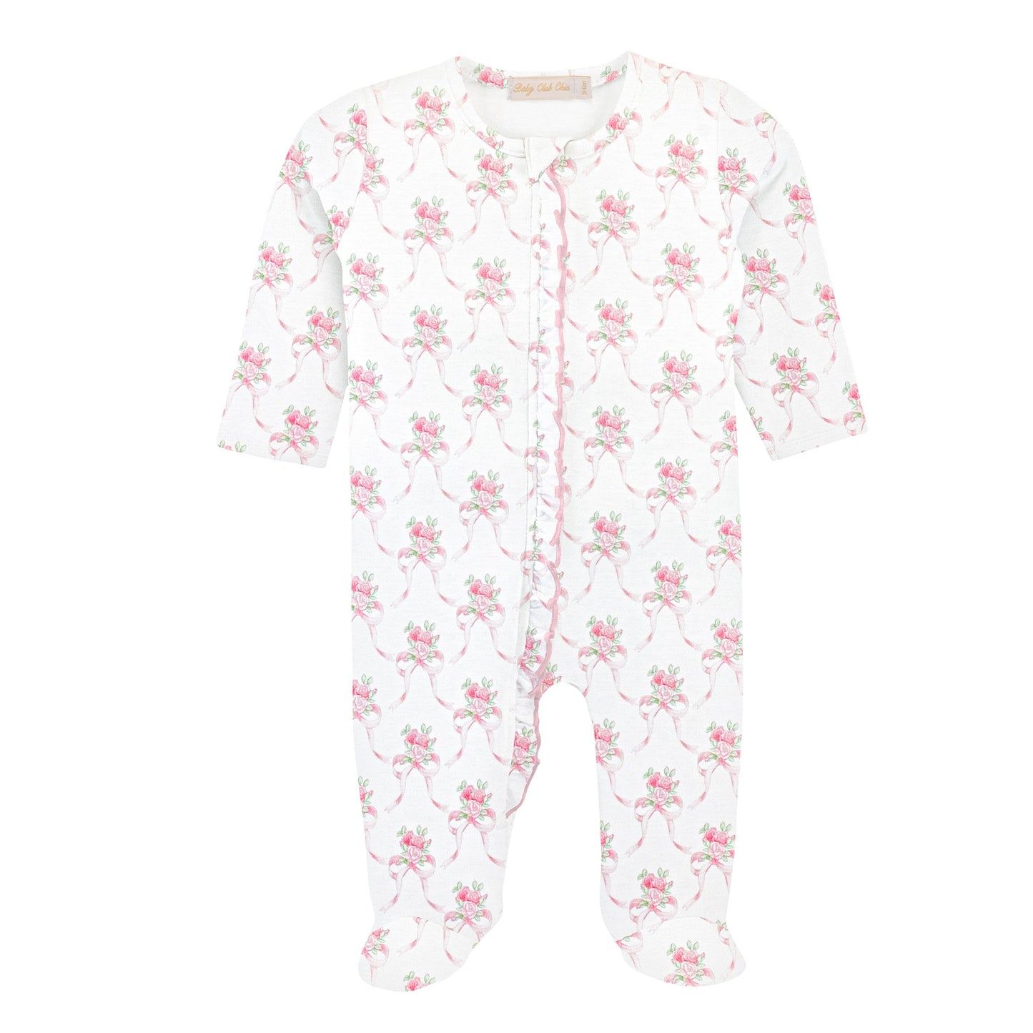 Baby Club Chic Sweet Bows Printed Pima Zipped Footie with Ruffles, 3-6M