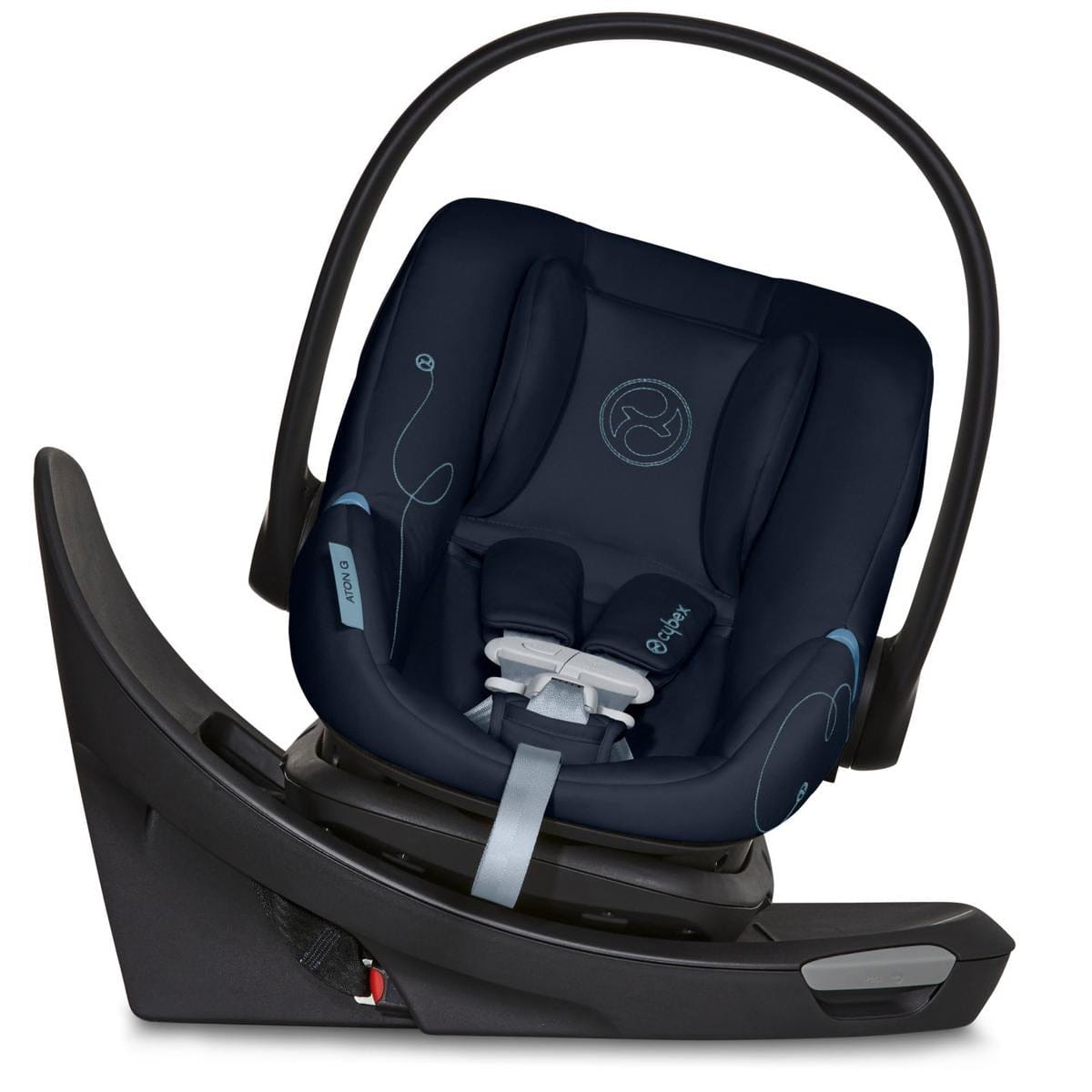 Ocean blue rotating infant car seat by Cybex with swivel base, padded navy upholstery, light blue stitching, and black frame in side view