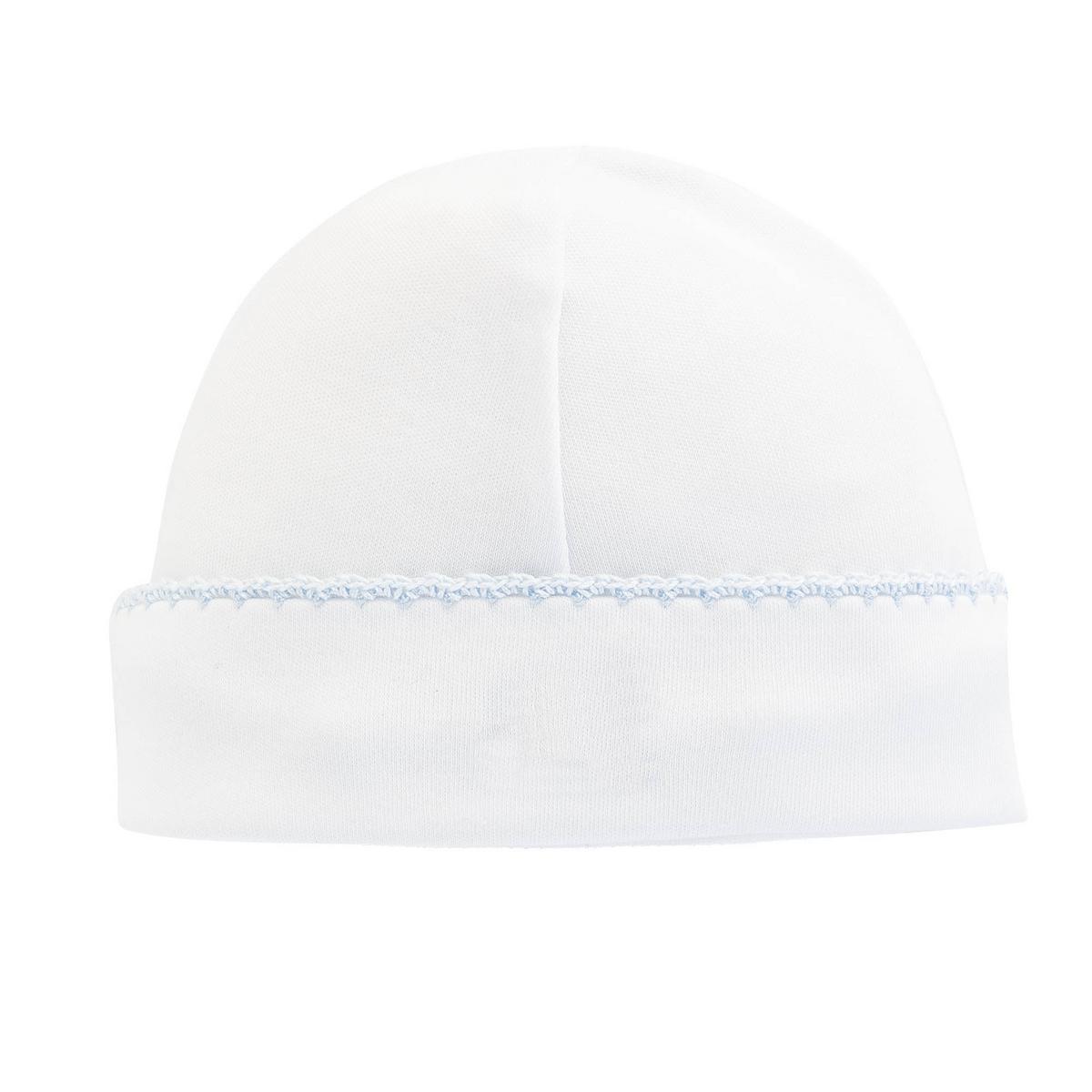 Baby Club Chic white baby hat with blue stitched trim