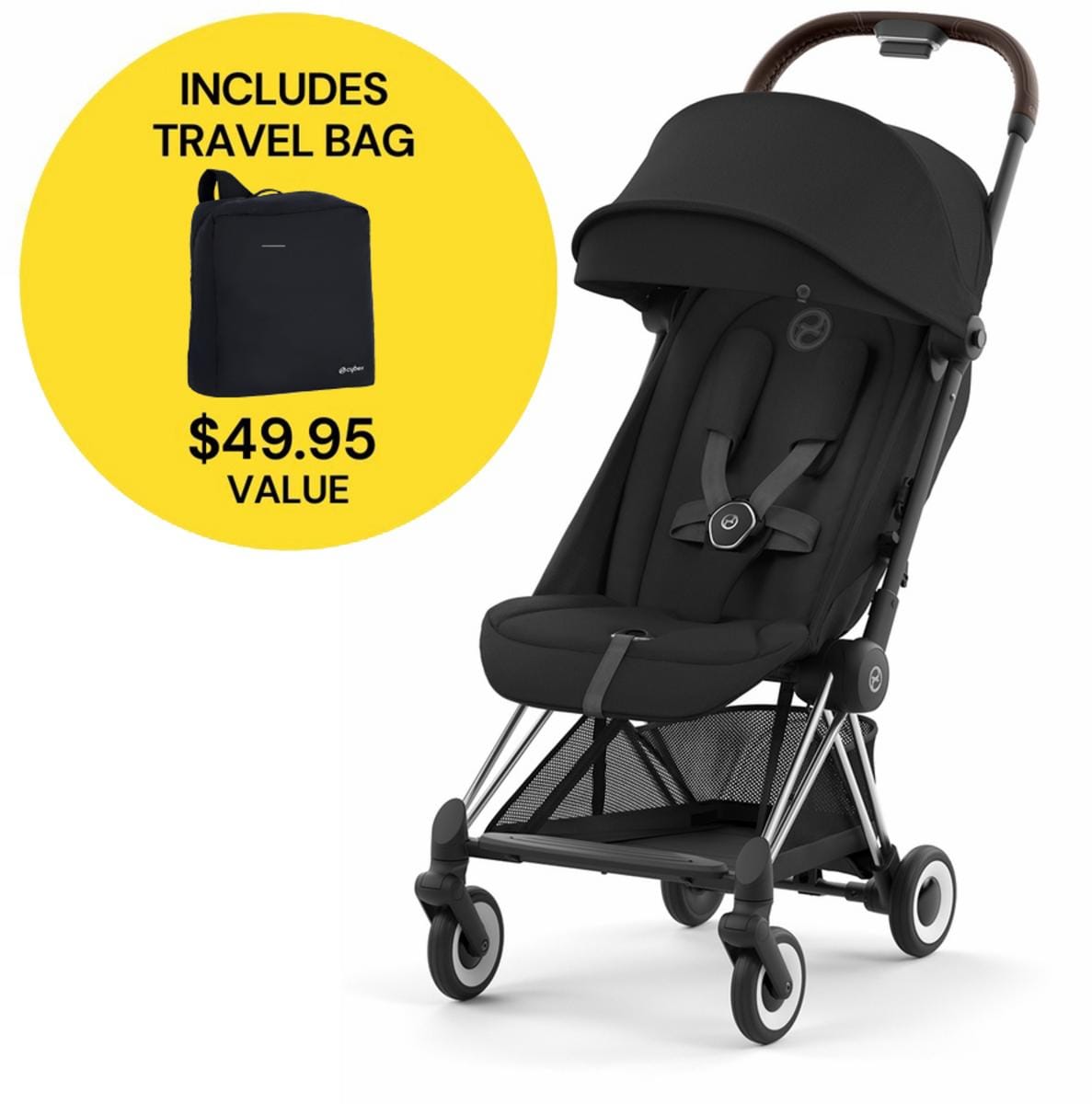 Cybex COYA Compact Stroller + Travel Bag Bundle - Chrome / Dark Brown / Sepia Black - 522004393-521001489