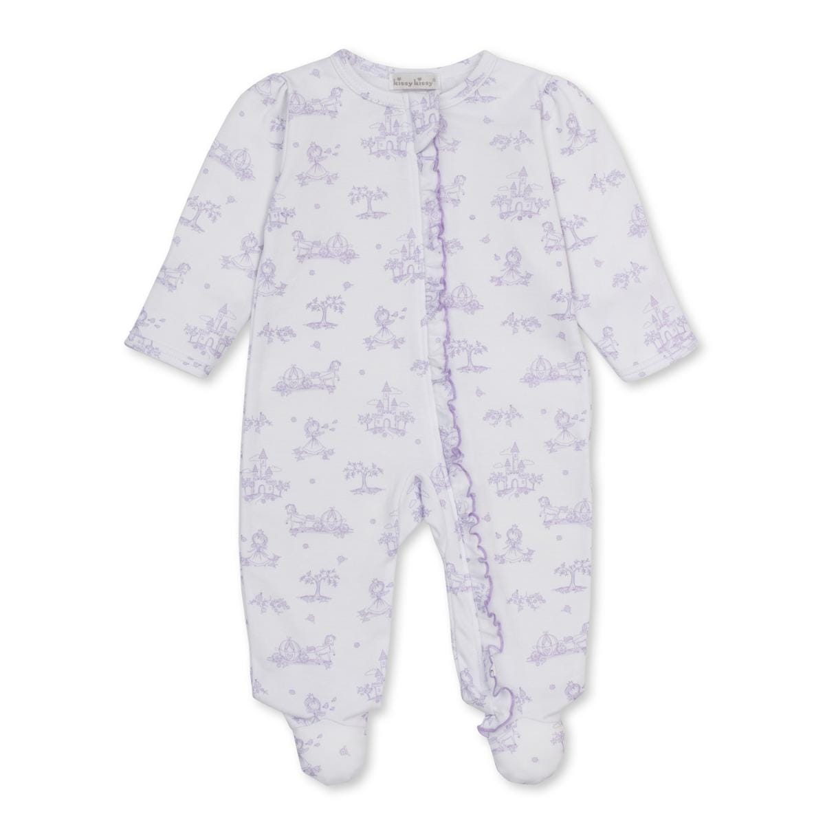 Kissy Kissy white footie with purple fairytale print and ruffled front trim
