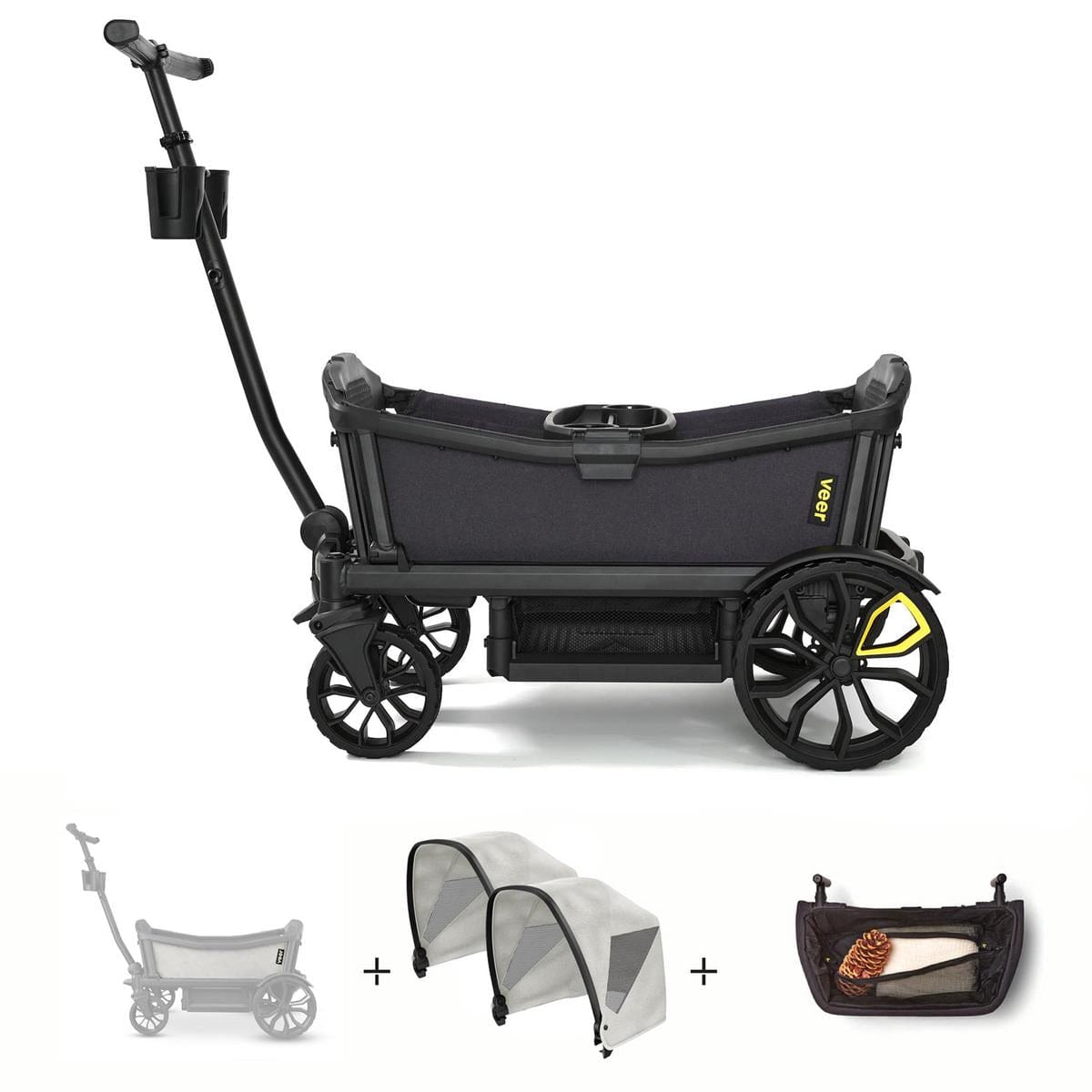 Veer All-Terrain Cruiser (2 Seater) Stroller Wagon + Sidewall Kit + 2 Canopy + Basket Bundle - Savannah White - CRU-SWHT-BNDL