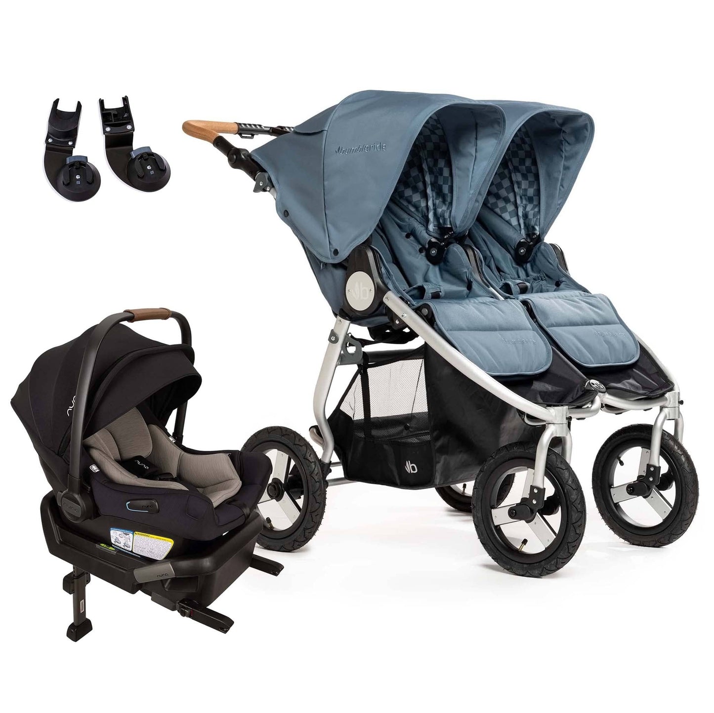 Bumbleride Indie Twin Double Stroller + Nuna PIPA Aire Travel System Bundle - Ocean / Caviar - IT-985CN-CF18500CVR