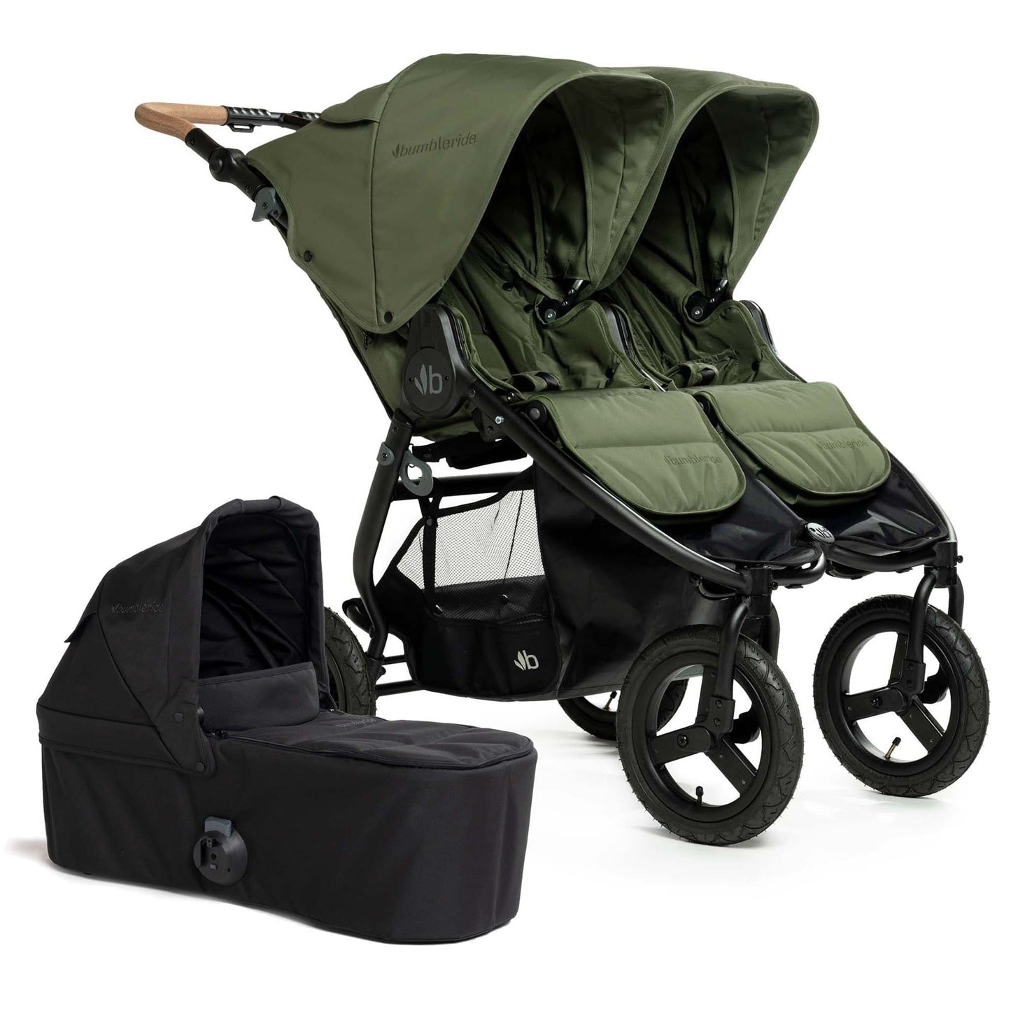 Bumbleride Indie Twin Double Stroller + Bassinet Bundle - Olive / Black - IT-985VE-BTN-82LC