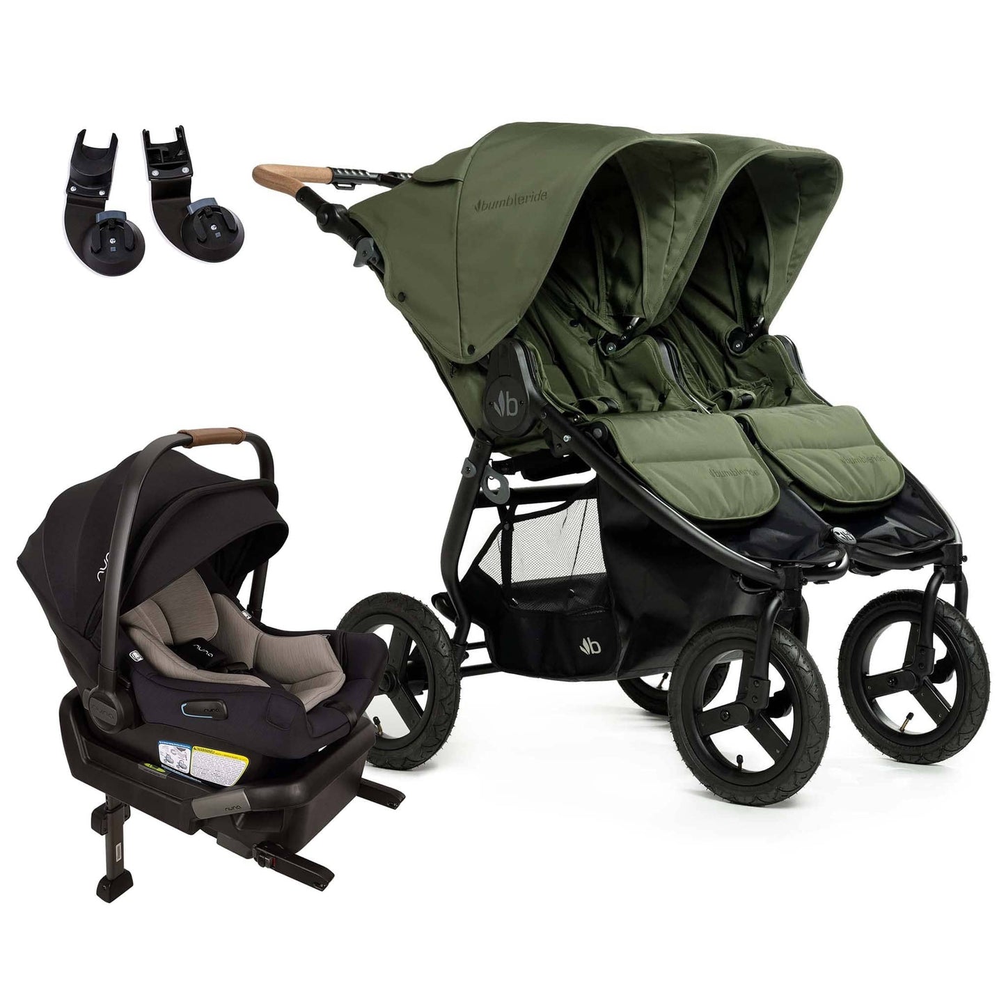 Bumbleride Indie Twin Double Stroller + Nuna PIPA Aire Travel System Bundle - Olive / Caviar - IT-985VE-CF18500CVR