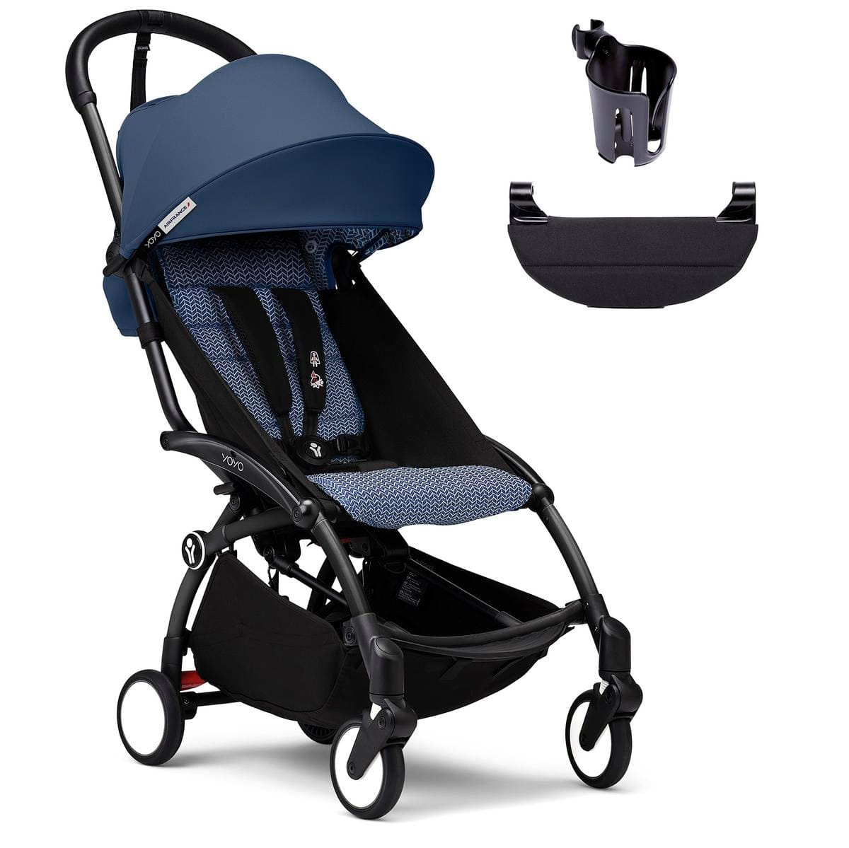 Stokke YOYO3 Ultra Compact 6+ Stroller + Essentials Bundle - Black / Air France Blue - 654000-655101-646701