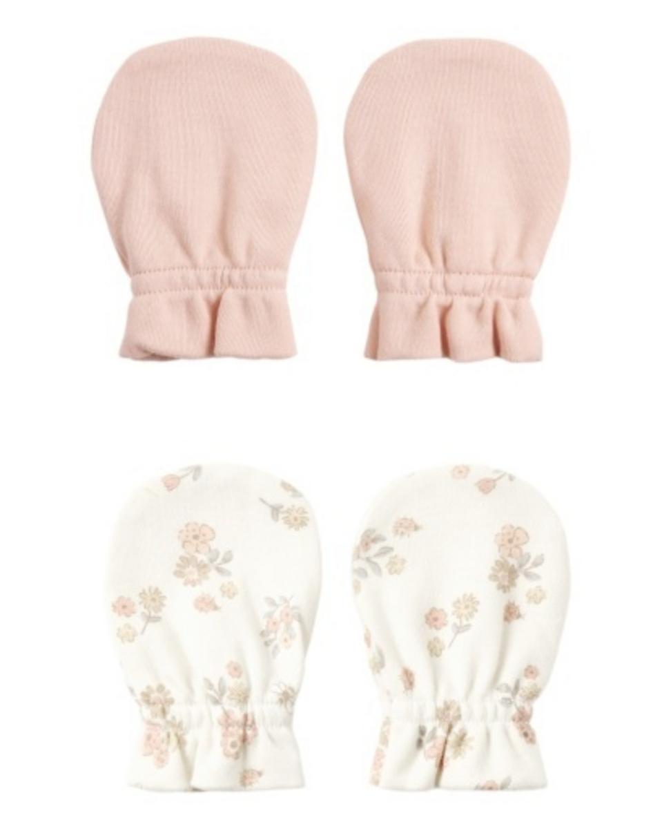 Quincy Mae No Scratch Mittens Set Melon, Garden Floral - Ivory / Melon