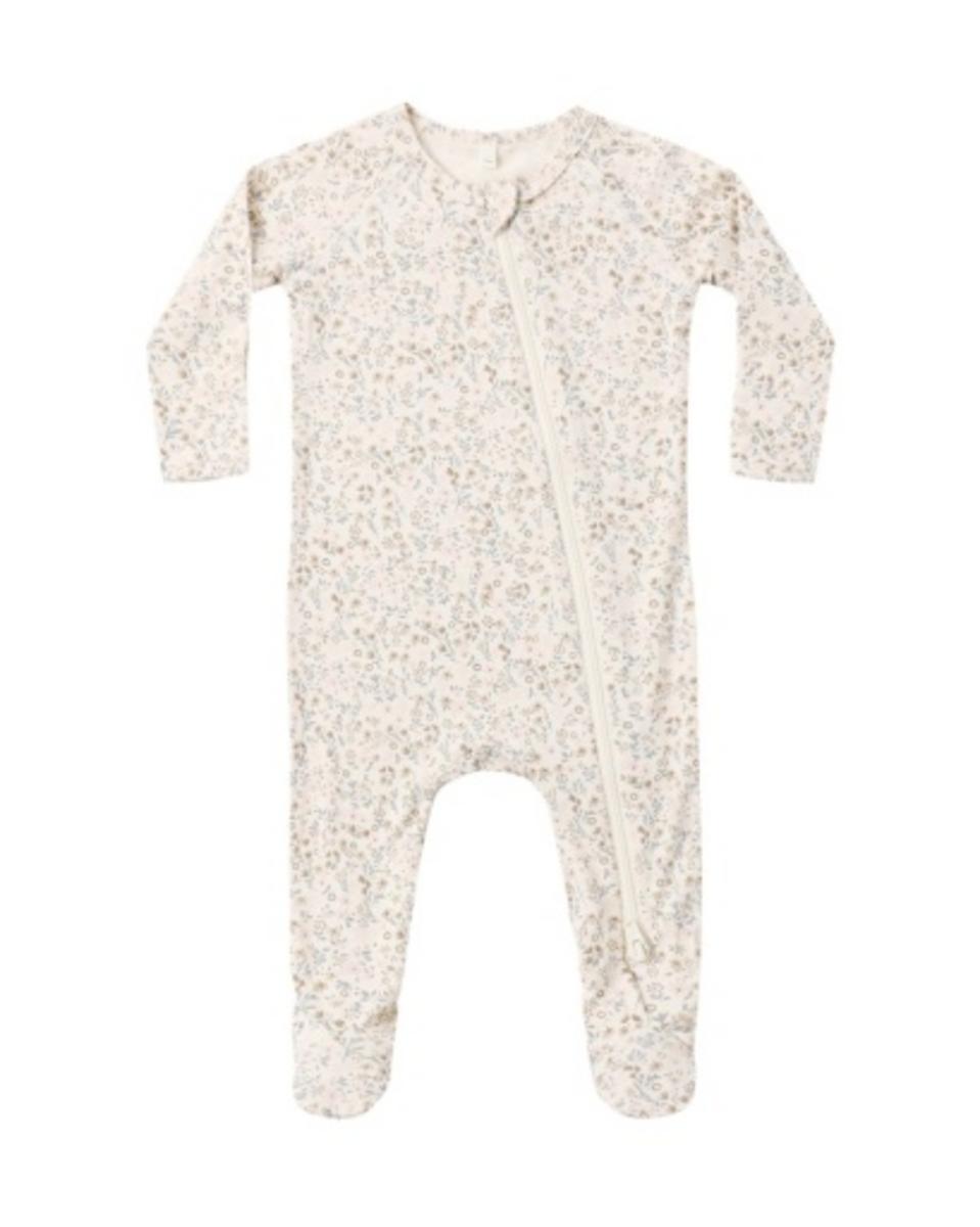 Long sleeve baby footie sleeper in cream with blue and brown floral print and diagonal front zipper