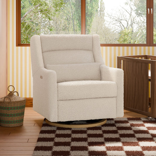 Babyletto Kiwi Plus Chair and a Half Power Recliner and Swivel Glider with Power Adjustable Headrest and USB Port - Almond Teddy Loop with Light Wood Base