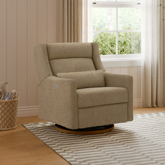 Babyletto Kiwi Plus Chair and a Half Power Recliner and Swivel Glider with Power Adjustable Headrest and USB Port - Latte Teddy Loop with Dark Wood Base