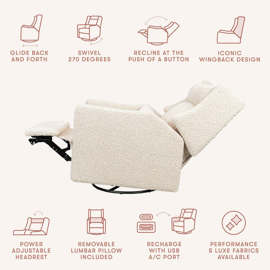 Babyletto Kiwi Plus Electric Recliner Swivel Glider w/ Adjustable Headrest + USB Port - Almond Teddy Loop - M11286AT