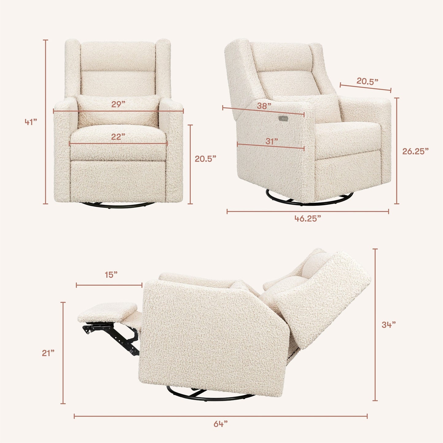 Babyletto Kiwi Plus Electric Recliner Swivel Glider w/ Adjustable Headrest + USB Port - Almond Teddy Loop - M11286AT