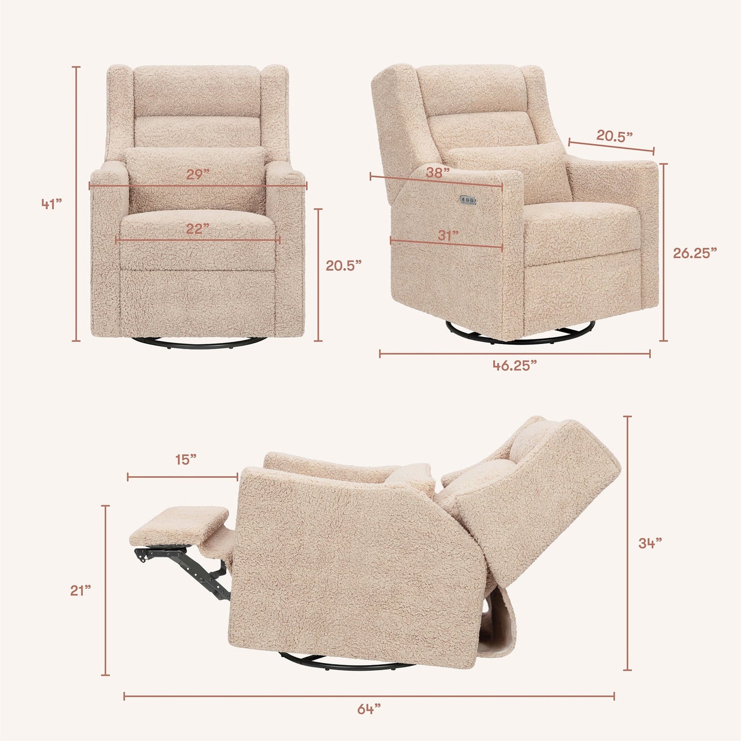 Babyletto Kiwi Plus Electric Recliner Swivel Glider w/ Adjustable Headrest + USB Port - Chai Shearling - M11286CSG