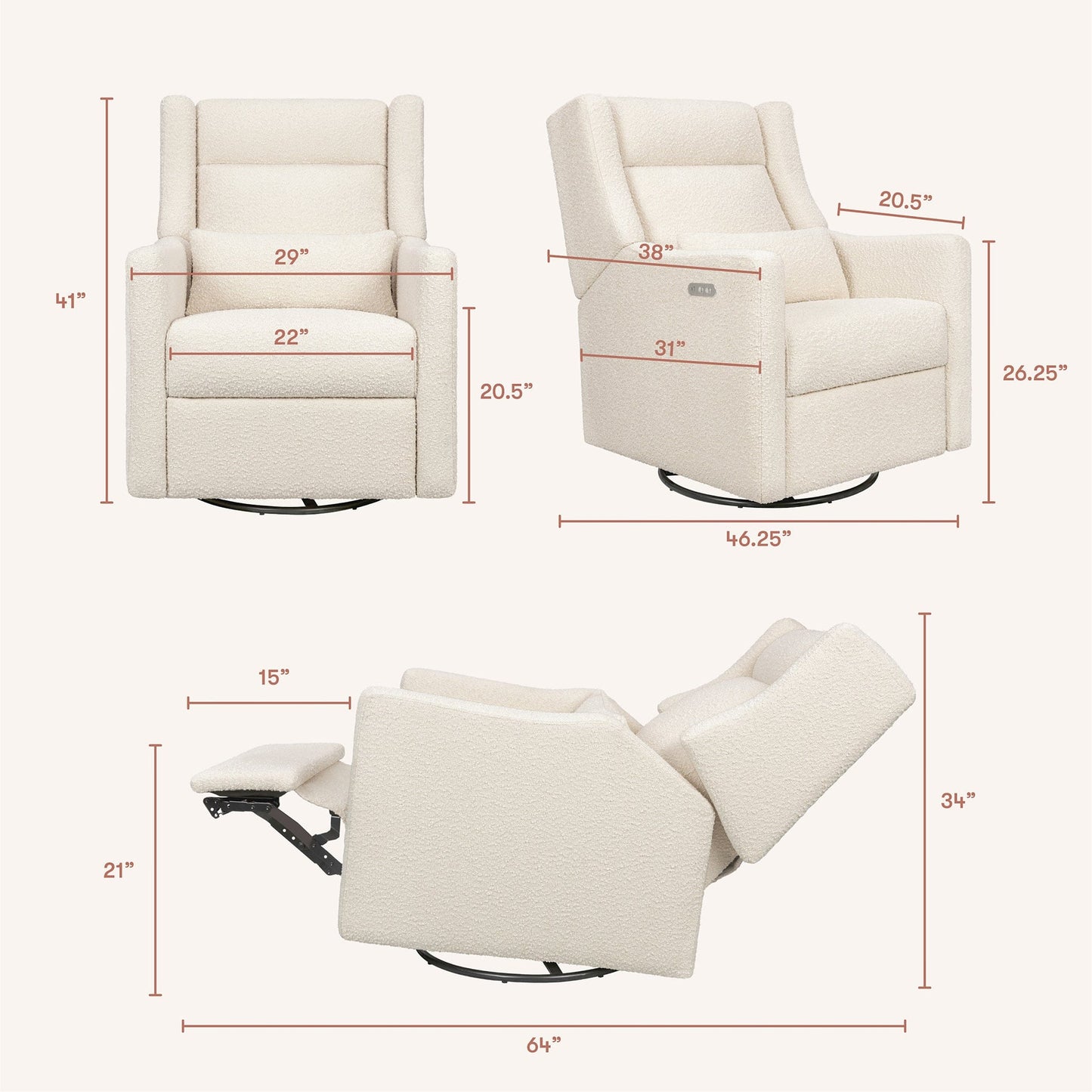 Babyletto Kiwi Plus Electric Recliner Swivel Glider w/ Adjustable Headrest + USB Port - Performance Ivory Boucle - M11286PWB