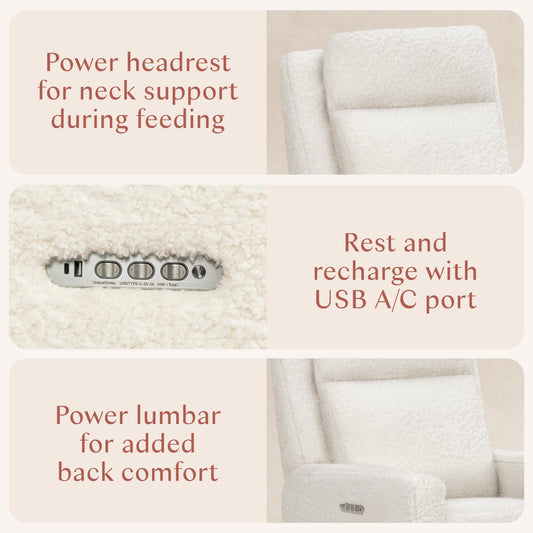 Babyletto Sigi Pro Power Recliner and Swivel Glider with Power Adjustable Headrest and Lumbar Support - Cream Shearling with Light Wood Base