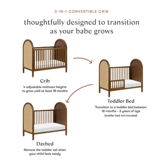 Babyletto Bondi Cane 3-in-1 Convertible Crib w/ Toddler Bed Conversion Kit - Natural Walnut / Natural Cane - M25601NLNC